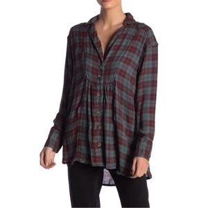 Free People All About the Feels Plaid Buttondown Aubergine S | Boho Cozy
